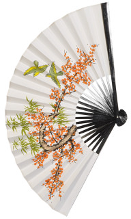 Fächer Silk weiss mit Druck 32cm Blüten + Vögel bunt Bambus/Papier-Seidenüberzug