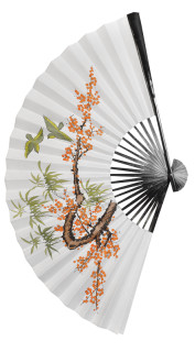 Fächer Silk weiss mit Druck 60cm Blüten und Vögel bunt Bambus/Papier-Seidenüberzug