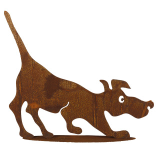 Hund auf Platte rosteffekt H45 x 50 cm  Metall Standplatte 40 x 12cm