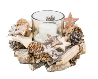Windlicht Holz-Sterne-Zapfen natur-weiss, Ø 16 x H 9cm Glaseinsatz Ø 7 x H 8cm