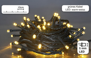 Lichterkette 100 LEDs warmweiss, 10m, Kabel grün, 2,5W, IP44 Abstand 10cm, inkl. Trafo