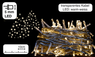 Lichterkette 100 LEDs warmweiss, 10m, Kabel transparent, 2,5W, IP44 Abstand 10cm, inkl. Trafo