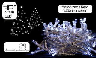 Lichterkette 100 LEDs kaltweiss, 10m, Kabel transparent, 2,5W, IP44 Abstand 10cm, inkl. Trafo