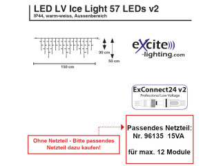 LED LV Ice Light 57 LEDs v2 warmweiss, H 30-50cm, B 1,5m 24V. Kabel transparent