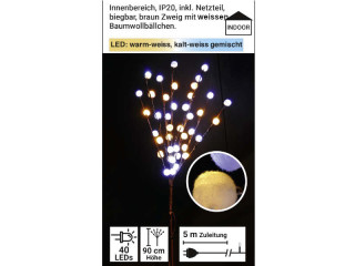 Lichtzweig Baumwollkugeln warm/kaltweiss gemischt 90cm für Innen, 3.8m, 40 LEDs, inkl. Netzteil