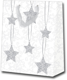 Geschenktaschen Sterne gr. weiss-si, 26 x 12,7 x 32,4cm mit silberner Kordel