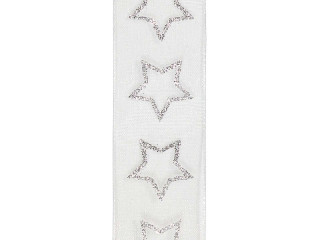 Band Glitter Stars woven 25mm x 15m, weiss-silber