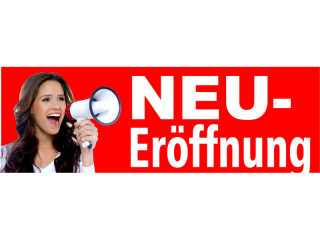 Ankleber Frau mit Megaphone Neueröffnung 90 x 30 cm Klebefolie