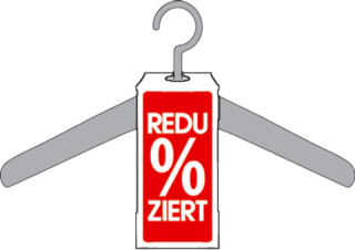 Hänger Reduziert + %-Zeichen 4 x 10cm Karton 50 Stk./Pack rot/weiss, für Kleiderbügel