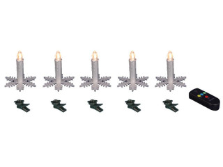 LED Kerzenset silber mit 5 Schneeflocken, 5 Baumclips und Fernbedienung