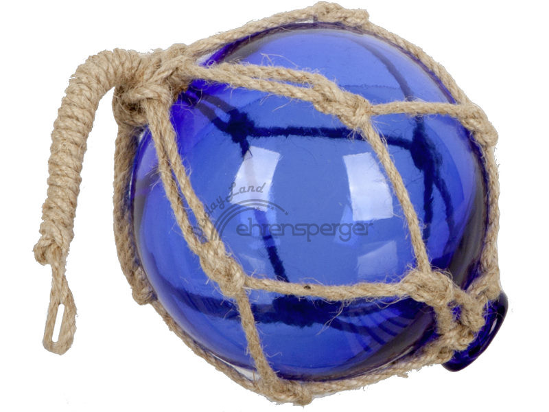 Tampen Fischerkugel ca 15cm Glas Blau eingeflochten in einem Netz aus Hanf 