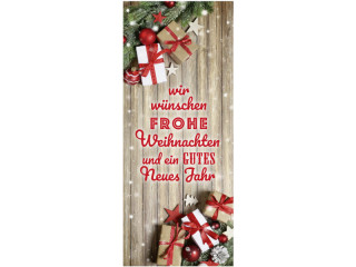 Textilbanner "wir wünschen." 75x180cm, braun/grün/rot Schlauchnaht oben+unten