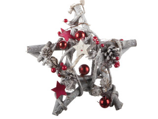 Stern mit Kugeln "Frosty" Holz, grau/rot,25 x 26 x 6cm