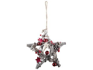 Stern mit Kugeln Frosty Holz, grau/rot,25 x 26 x 6cm 