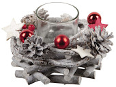 Windlicht mit Kugeln "Frosty" Holz, grau/rot,...
