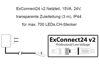 ExConnect24 v2 Netzteil 15VA transp. 3m Zuleit., IP44 24V für max. 700 LEDs,CH-Stecker