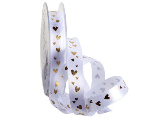 Band "Glanz-Herzen" weiss/gold B 15mm, L 20 m