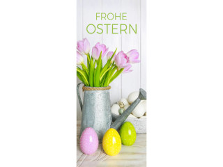 Textilbanner "Frohe Ostern" mit Giesskanne 75 x 180cm, Schlauchnaht oben+unten