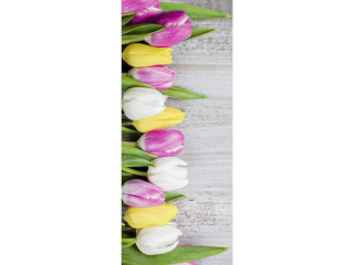 Textilbanner "Tulpen Deluxe" bunt/graues Holz 75x180cm, Schlauchnaht oben+unten