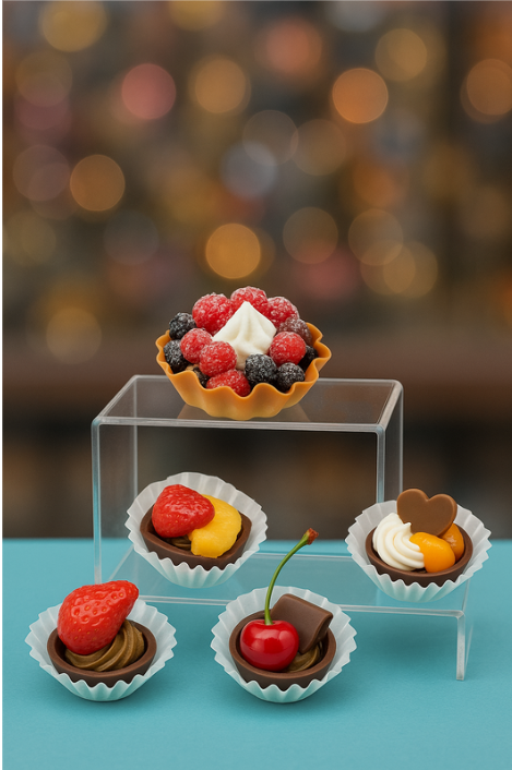 acryl bruecke und kleine lebensmittelatrappen kuchen