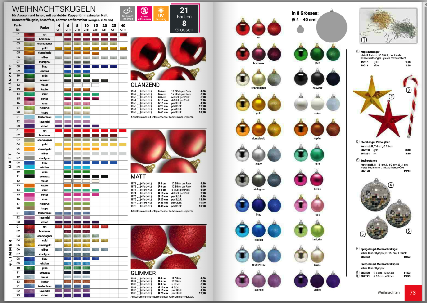 Catalogue overview: B1 plastic baubles, 21 colours, 8 sizes (pages 72–73)